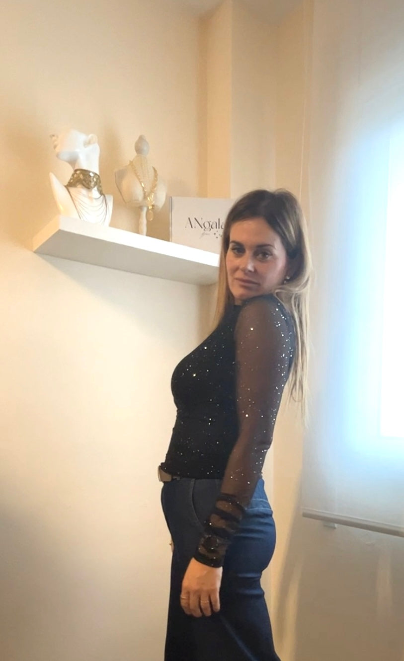 Top tul fruncido brillos negro