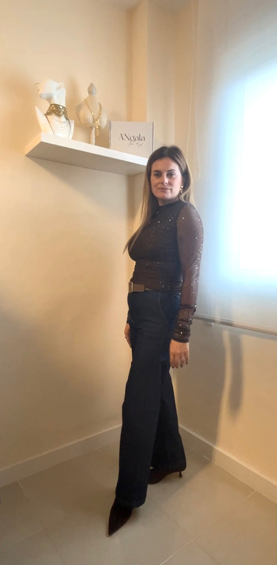 Top tul fruncido brillos marrón