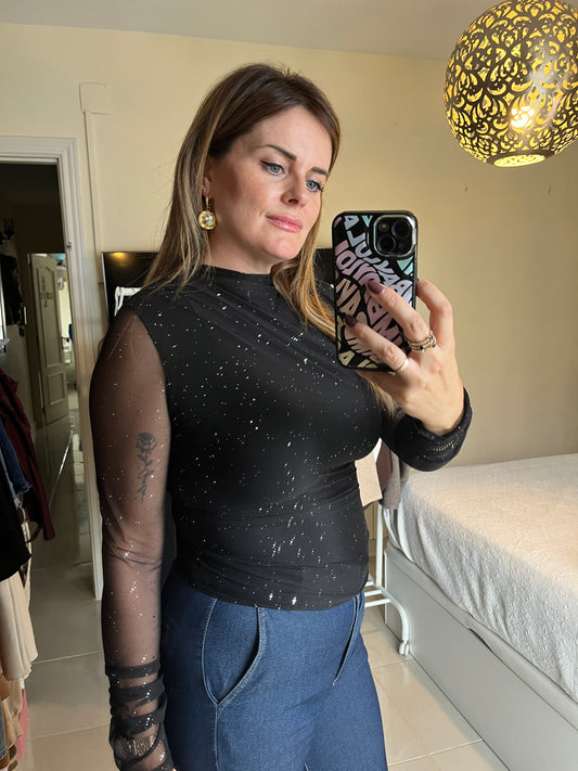 Top tul fruncido brillos negro